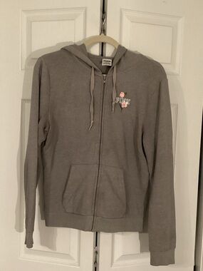 PINK Gray Full-Zip Hoodie with Pink Floral Logo Medium